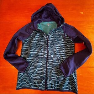Nike women’s M full zip purple turquoise polkadot, full zip hoodie jacket